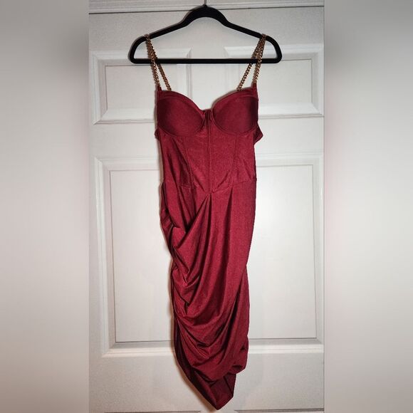 SHEIN Dresses & Skirts - Shein Burgundy Red Padded Ruched Fitted Dress With Gold Chain Colored Straps L
